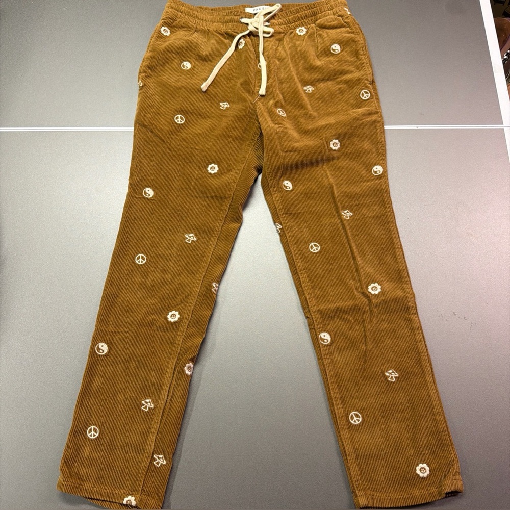 PacSun Mens S 30x27 Slim Corduroy Yin Yang Mushroom Pants Brown bohogoth whimsy